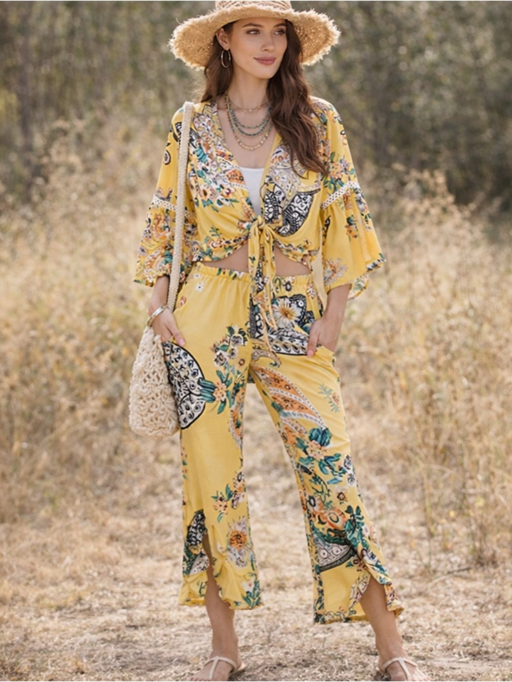 Melissa Paige Yellow Floral Wide-Leg Pants Set